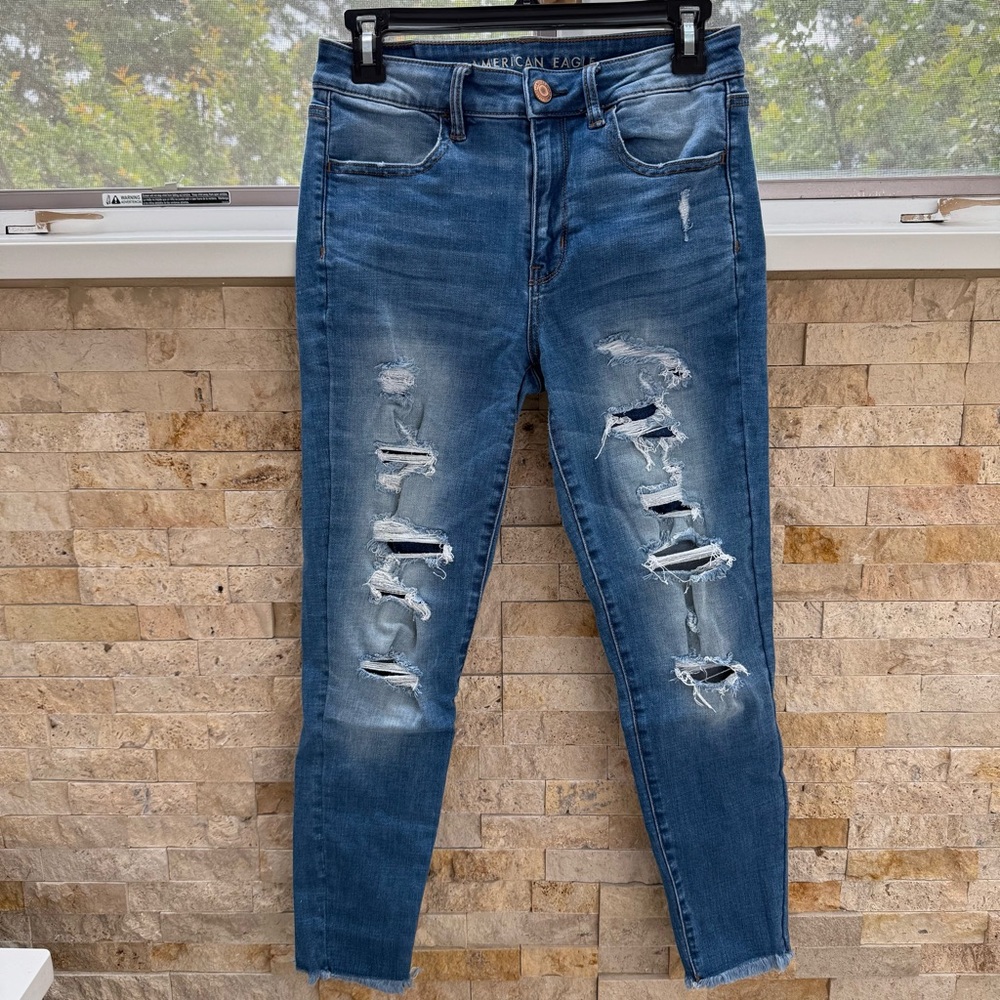 American Eagle Outfitters Blue Skinny Jeans with Distressed Details
